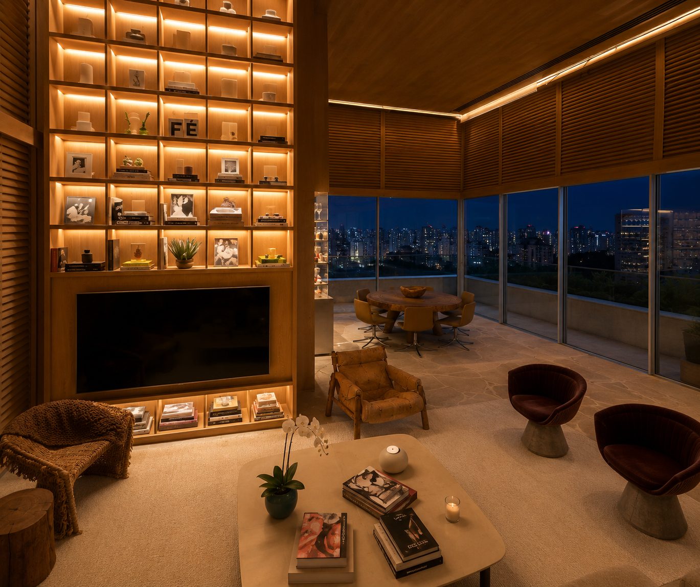 Vista superior do living do projeto Sabrina Sato ao anoitecer
